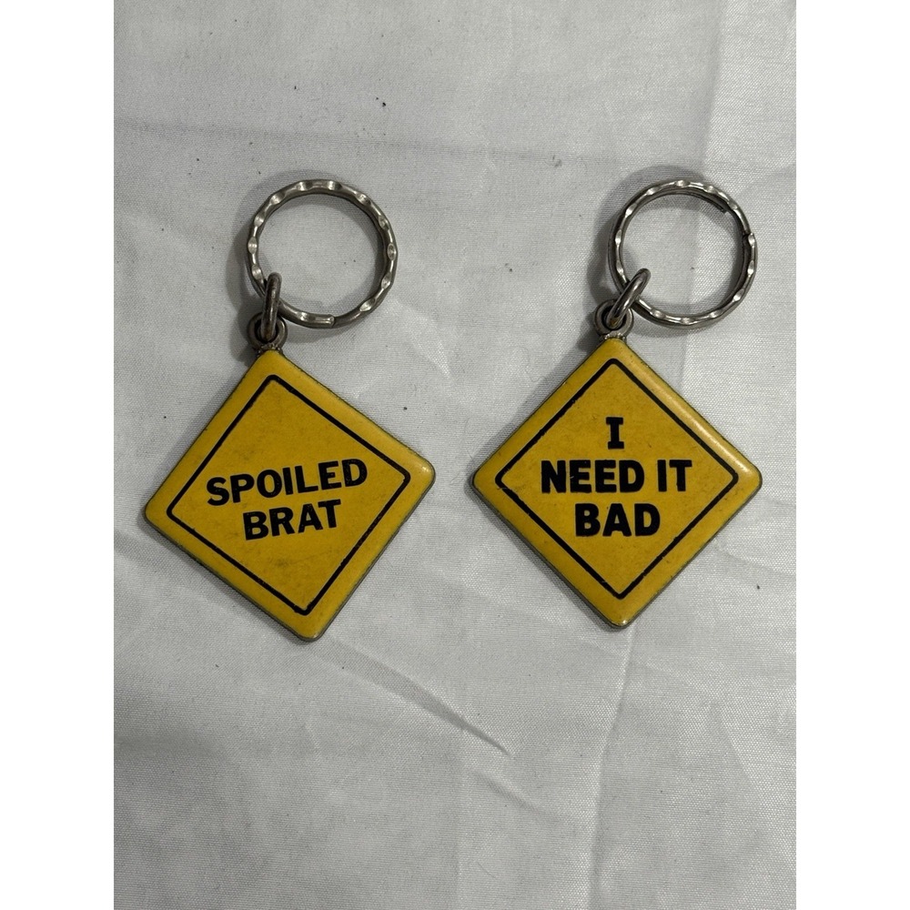 VINTAGE METAL KEY CHAIN Lot Of 2 YELLOW ROAD SIGN CAUTION
